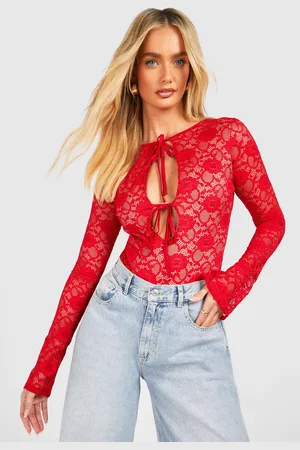 Boohoo Womens Lace Tie Front Flare Sleeve Bodysuit - - 10