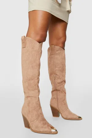 Boohoo Womens Knee High Toe Cap Pull On Western Cowboy Boots - - 3
