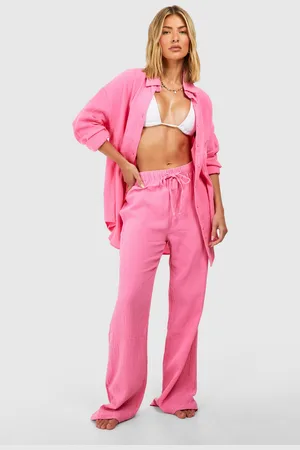 Boohoo Womens Crinkle Cotton Wide Leg Beach Trousers - - S