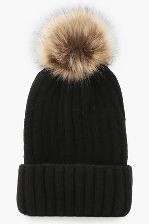 Boohoo Womens Ribbed Knit Beanie With Large Faux Fur Pom - - One Size