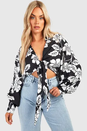 Boohoo Womens Plus Tie Front Mono Floral Print Shirt - - 24