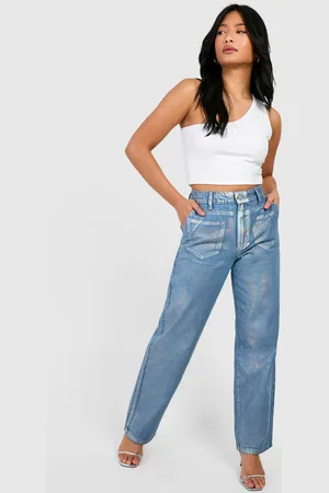 Boohoo Womens Petite Iridescent Metallic Coated Straight Leg Jeans - - 6