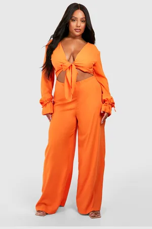 Boohoo Womens Plus Woven Knot Front Long Sleeve Jumpsuit - - 28