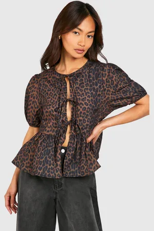 Boohoo Womens Leopard Puff Sleeve Bow Tie Top - - 6