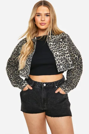 Boohoo Womens Plus Cropped Oversized Leopard Denim Jacket - - 16