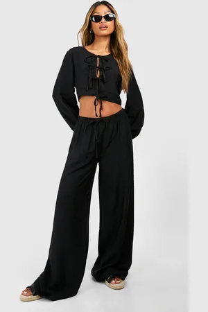 Boohoo Womens Textured Linen Look Volume Sleeve Blouse & Wide Leg Trousers - - 14