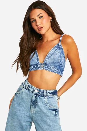 Boohoo Womens Acid Wash Button Detail Denim Bralet - - 6