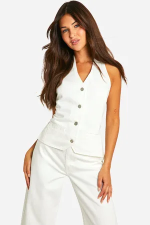 Boohoo Womens Halterneck Tie Back Lightweight Ecru Denim Waistcoat - - 14