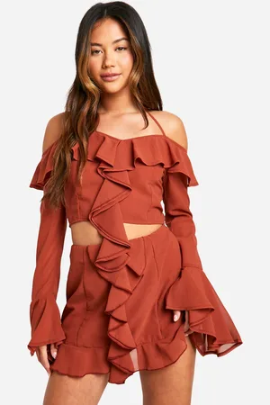 Boohoo Womens Chiffon Ruffle Front Bardot Crop - - 6