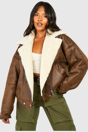 Boohoo Womens Plus Vintage Wash Faux Leather Aviator Jacket - - 16