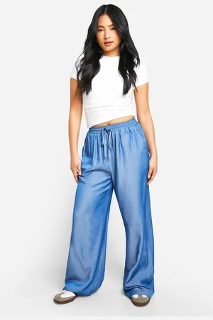 Boohoo Womens Petite Chambray Tie Waist Wide Leg Trouser - - 6