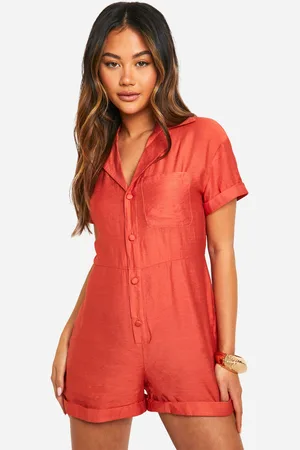 Boohoo Womens Textured Linen Look Button Through Playsuit - - 8