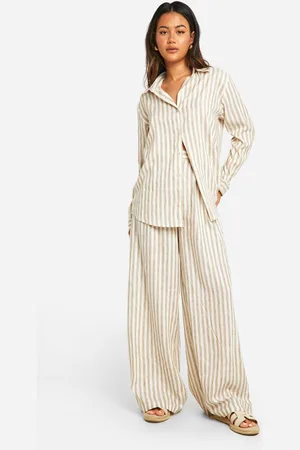 Boohoo Womens Stripe Linen Look Wide Leg Trousers - - 6