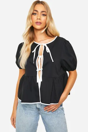 Boohoo Womens Puff Sleeve Contrast Poplin Bow Top - - 6