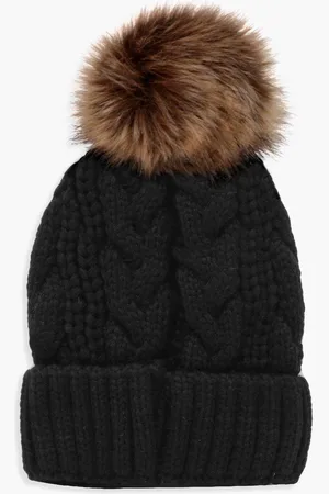 Boohoo Womens Cable Knit Faux Fur Pom Beanie - - One Size