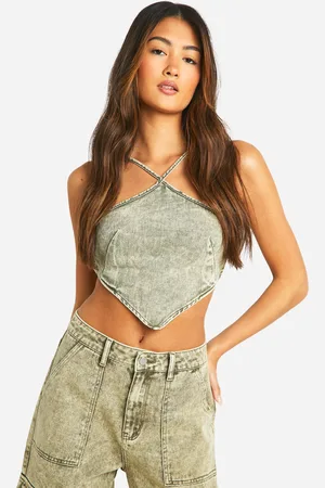 Boohoo Womens Handkerchief Hem Denim Crop Top - - 10