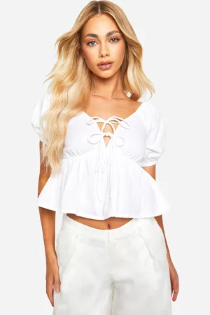 Boohoo Womens Puff Sleeve Bardot Smock Linen Look Top - - 10