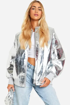 Boohoo Womens Metallic Oversized Faux Leather Bomber Jacket - - 14