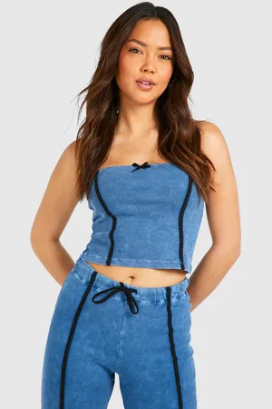 Boohoo Womens Acid Wash Bow Detail Ribbed Bandeau Top - - 12