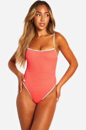 Boohoo Womens Contrast Binding Crinkle Strappy Swimsuit - - 12