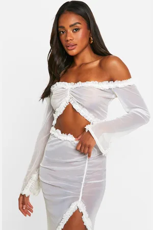 Boohoo Womens Ruffle Mesh Bardot Long Sleeve Top - - 6