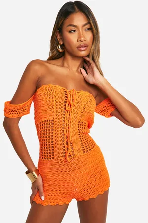 Boohoo Womens Off The Shoulder Crochet Lace Up Playsuit - - M