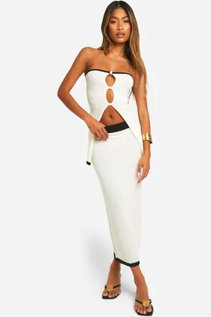 Boohoo Womens Contrast Binding Towelling Bandeau Top And Skirt Knitted Set - - S