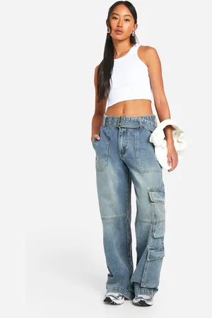 Boohoo Womens Vintage Wash Belted Straight Leg Cargo Jeans - - 6