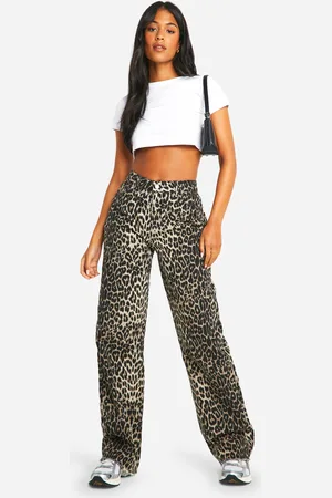 Boohoo Womens Tall Leopard Straight Leg Jean - - 16