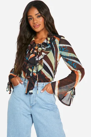 Boohoo Womens Abstract Chiffon Ruffle Blouse - - 6