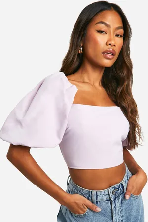 Boohoo Womens Puff Sleeve Square Neck Tie Back Crop Top - - 10