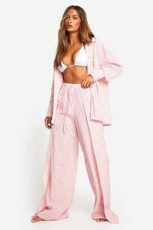 Boohoo Womens Stripe Seersucker Wide Leg Beach Trouser - - M