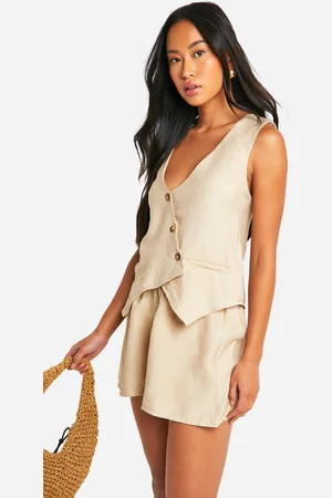 Boohoo Womens Linen Look Asymmetric Waistcoat & Flippy Shorts - - 6