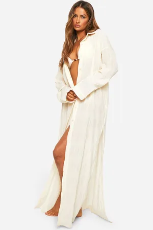 Boohoo Womens Shirred Crinkle Split Maxi Beach Shirt - - S
