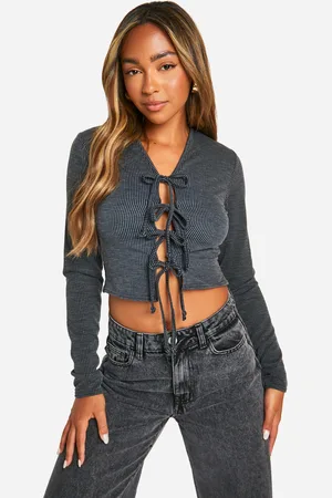 Boohoo Womens Tie Front Contrast Rib Top - - 12