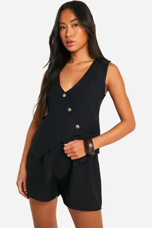 Boohoo Womens Linen Look Asymmetric Waistcoat & Flippy Shorts - - 6