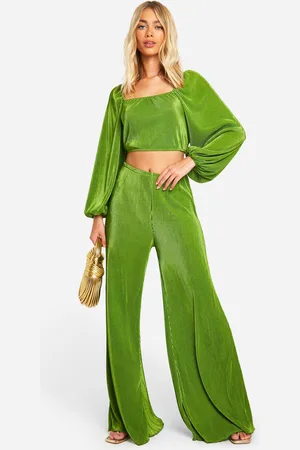 Boohoo Womens Plisse Volume Sleeve Crop & Wide Leg Trousers - - 6