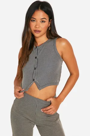 Boohoo Womens Button Through Contrast Ribbed Vest Top - - 12