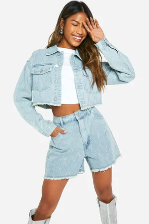 Boohoo Womens Diamante Hot Fix Fray Hem Crop Denim Jacket - - 6