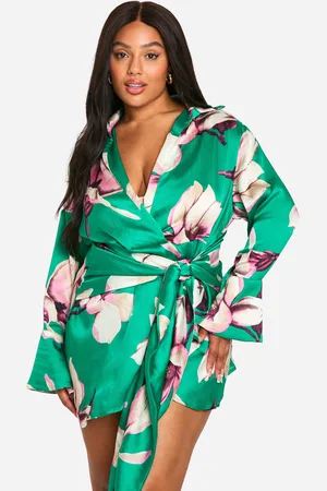 Boohoo Womens Plus Floral Print Tie Waist Shirt Wrap Dress - - 26