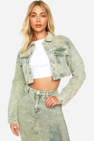 Boohoo Womens Washed Khaki Acid Wash Crop Denim Jacket - - 6