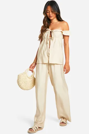 Boohoo Womens Linen Look Bardot Top & Wide Leg Trousers - - 14