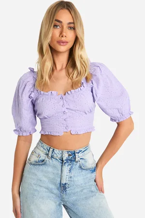 Boohoo Womens Broderie Puff Sleeve Milkmaid Crop Top - - S