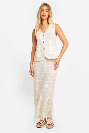 Boohoo Womens Linen Look Tile Print Waistcoat & Column Maxi Skirt - - 6