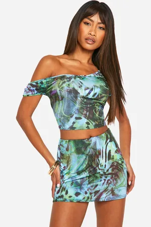Boohoo Womens Tropical Printed Off Shoulder Slinky Crop Top - - 10