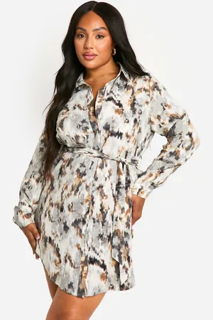 Boohoo Womens Plus Marble Printed Tie Belt Shirt Dress - - 28