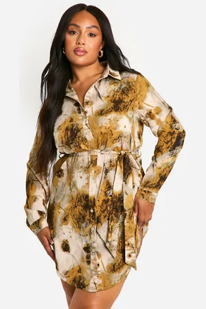 Boohoo Womens Plus Smudge Abstarct Printed Tie Belt Shirt Dress - - 16