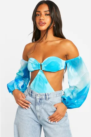Boohoo Womens Abstract Chiffon Balloon Sleeve Bodysuit - - 6