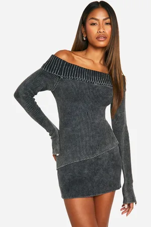 Boohoo Womens Acid Wash Bardot Asymmetric Hemline Rib Knit Jumper - - L