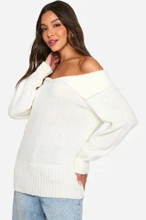 Boohoo Womens Oversized Bardot Knitted Collar Jumper - - S